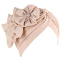 Flower Turban Hats for Women - Ruffle Bead Stretch Solid Caps Chemo Cancer Pre Tied Headscarf Headwear - color: Beige