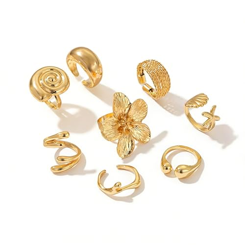 Chunky Gold Rings for Women Non Tarnish Boho Stackable Rings Set Adjustable Open Joint Finger Midi Knuckle Ring Packs - color: Gold Chunky Starfish Rings 8Pcs