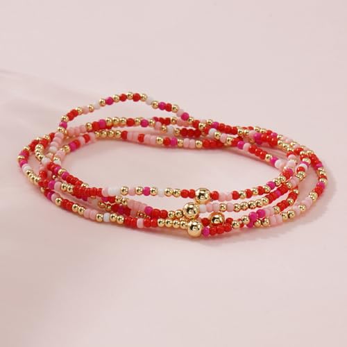 Boho 4Pcs Stack Colorful Small Seed Beaded Bracelets Set for Women, Cute Handmade Dainty Trendy Gold Plated Stretch Accessories Thin Glass Jewelry, Summer Daily Party Friendship Gift - color: Pink Red