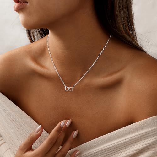 Heart Necklace for Women Dainty 14K Gold/Silver Plated Love Charm Pendant Choker Adjustable Chain Meaningful Cute Jewelry Gift for Her Wife Best Friend Couple - style: Double Heart-SL