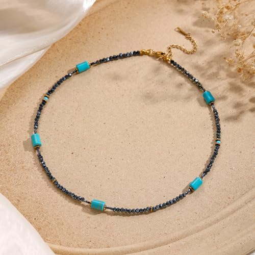 Turquoise Choker Necklace for Women, Western Crystal Bead & Pearl Necklace with Adjustable Chain Natural Stone Energy Jewelry, Boho Beaded Choker for Gifts - color: Turq Cylinder