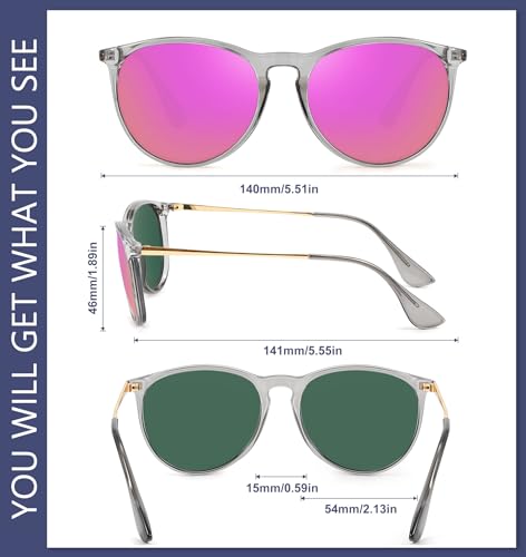 WOWSUN Retro Polarized Sunglasses Womens Trendy Round Classic Glasses - color: Black+ Transparent Blue Frame Purple-pink Mirrored + Transparent Gray Frame Purple Pink Mirrored