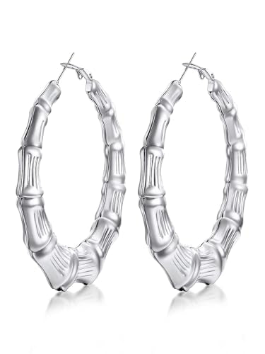 KeyStyle Bamboo Hoop Earrings for Women, Stainless Steel 90s Hoops Earring Lightweight Loops for Party, 2 mm Thick Hypoallergenic Vintage Circle Endless Thin Hoop (40mm, 60mm, 80mm,) - color: Stainless Steel-60mm