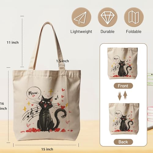 Canvas Tote Bag with Zipper for Women, Aesthetic Tote Bag with Pocket for Vacation, Shopping, Travel, Beach - style: Cat Music-01