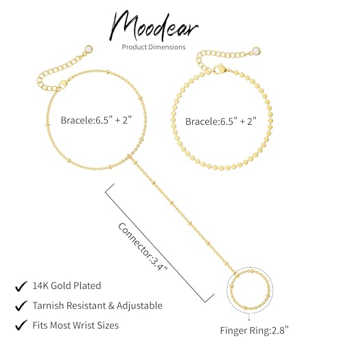 Moodear Gold Hand Chain Bracelet for Women - 14K Gold Plated/Sterling Silver Layered Adjustable Satellite Bead Paperclip Dot CZ Link Hand Chain Ring Bracelets Non Tarnish Trendy Jewelry Gift - style: Dot hand bracelet-GD