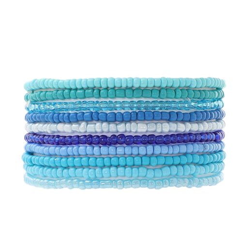 Boho Stackable Rice Beaded Bracelet Set for Women 8-10Pcs Colorful Handmade Multilayered Crystal Beads Bracelets Summer Beach Bohemian Jewelry Gift - color: A Blue