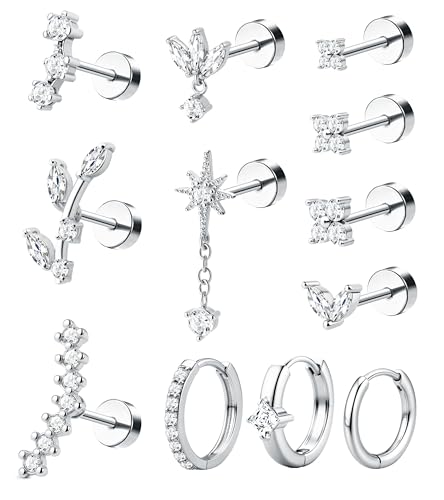 ORAZIO 16 Gauge Cartilage Earrings for Women Flat Back Hypoallergenic Surgical Steel Small Flatback Stud Hoop Cartilage Earring Stack Set Daith Conch Tragus Helix Piercing Jewelry Single PC - color: Silver Plated