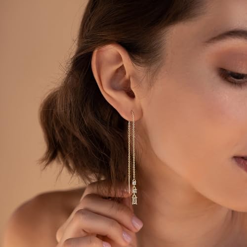 Robaice Gold Long Prom Earrings for Women, 14K Gold Plated Pearl Dangle Drop and Chain Tassel Threader Earrings Dangling，Rhinestone Zirconia Hypoallergenic Bride Party Prom Gold jewelry，Women Gifts - style: G-cz threader chain earrings