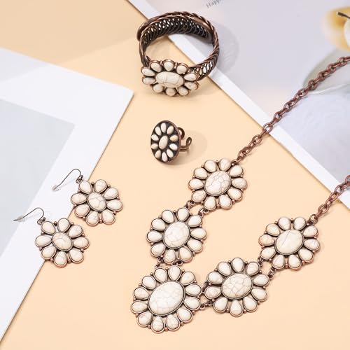 4 PCS Western Turquoise Jewelry for Women Boho Vintage Navajo Pearl Necklace Earring Bracelet Ring Set Country Cowgirl Accessories for Gift - color: K-White