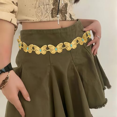 Women Western Chain Belt Adjustable Turquoise Metal Waist Chain Boho Chain Link Belt for Jeans or Dresses - color: Turquoise Butterfly Gold, size: XL: 59 in/150 cm