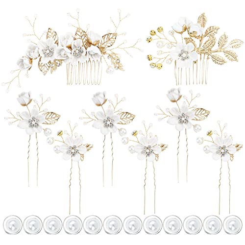 inSowni -20 Pack White Dusty Pink Blue U Shape Flower Shape Pearl Spiral Hair Combs Hair Bridal Accessories - color: 20 Pack White Flower Hair Combs and Pearl Hair Pins Accessories Set for Wedding Bridals Prom