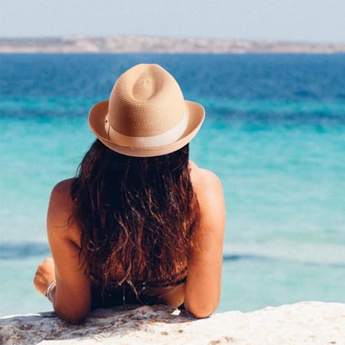 DRESHOW Women Straw Sun Hat Short Brim Panama Travel Fedora Summer Hat Roll Up Beach Cap for Women UPF 50+ - color: 1 Pack Rolled Hat: Khaki (Beige Band)