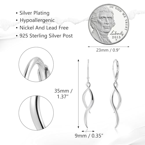 ALEXCRAFT Twisted Silver Dangle Earrings, Hypoallergenic Elegant Lightweight 14k Gold Plated Long Brushed Twisted Tassel Dangling Drop Leverback Earrings for Women Trendy Statement Jewelry in Box - color: Silver