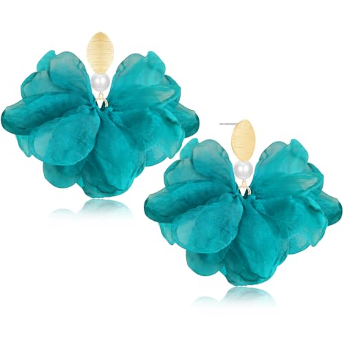 Handmade Fabric Flower Petal Fringe Dangle Drop Earrings Bohemian Floral Tassel Stud Earrings For Women - color: Blue Green