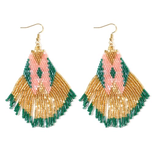 Bohemian Beaded Long Tassel Dangle Earrings for Women, Handmade Jewelry White Tarnish Resistant Lightweight Design, Stylish Accessory for Beach Vacation Party and Gift - color: Gold