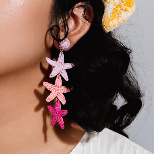 Boho Raffia Earrings Starfish Shell Seashell Dangle Drop Earrings Cute Statemnet Trendy Jewelry Summer Beach Outfits for Women - color: Pink, size: Seastar