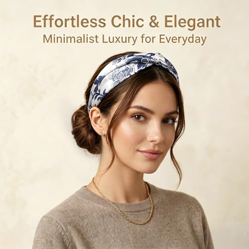 ZLYC Mulberry Silk Headband Elastic Twist Knotted Head Bands for Women's Hair, Floral Navy and White - color: Floral Navy and White