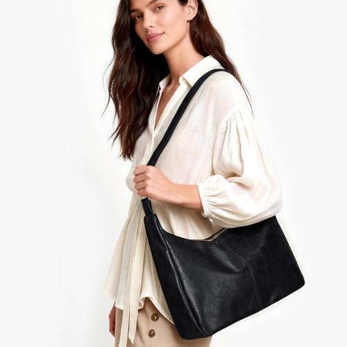 Brown Shoulder Bag for Women,Brown Leather Purse Slouchy Hobo Bags Everyday Purse Daily Commuting Bag with Zipper - color: Black