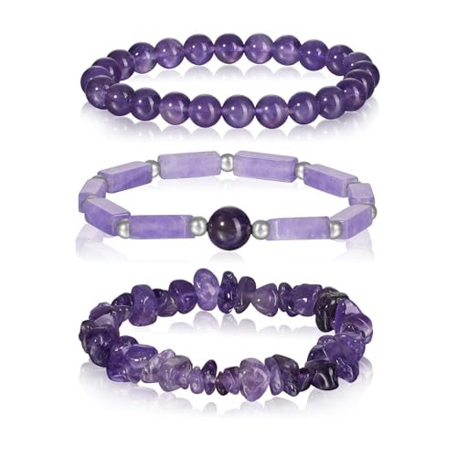 3Pcs Natural Stone Bracelets for Women 8mm Crystal Beaded Bracelets Handmade Stretch Bracelet Healing Crystal Jewelry for Women - style: Amethyst