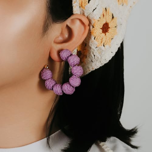 Raffia Hoop Earrings Statement Boho Beaded Earrings Cute Rattan Handmade Colorful Jewelry for Women Unique Summer Outfits - color: Purple