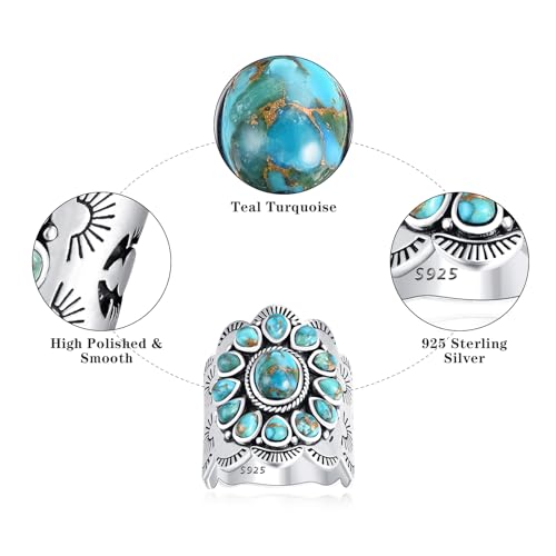 Turquoise Rings for Women, 925 Sterling Silver Vintage Statement Ring with Coral Spiny Oyster, Multi Color Boho Band, Size 6-10
