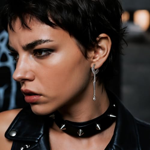 Sonateomber Gothic Silver Black Small Hoop Earrings for Women Men, Punk Hip Hop Engrave Beaded Goth Dangle Drop Earings Halloween Costumes Accessories Prom Fashion Jewelry Gift - color: Silver Spike