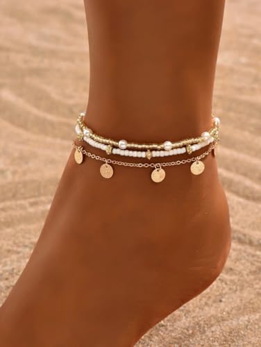 FAXHION Gold Anklets for Women Waterproof, Adjustable Boho Stacking Dangle Coin White Bead Cuban Link Chain Anklets Set, Summer Layered Beach Jewelry Gift for Women - color: Gold-10