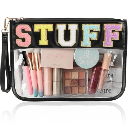 BuyCard Clear Stuff Bag for Travel, Preppy Chenille Letter Embroidered Zipper Pouch, Waterproof PVC & PU Leather Cosmetic Bag, Toiletry Makeup Bag for Women Girls Black - color: Black-Suff