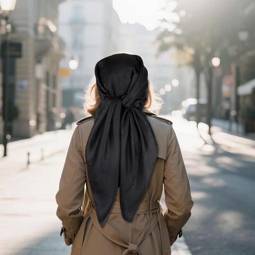 35” Satin Large Square Head Scarves-Like Silk Satin Scarf for Hair Wrapping at Night Bandana Square Scarf for Sleeping - color: Jacquard-black