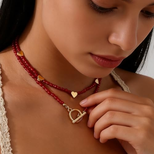 Red Beaded Necklace for Women Choker Gold Toggle Clasp Layered Stack Dainty Statement Western Boho Trendy Summer Vacation Necklaces Birthday Jewelry Gifts - color: B2:Heart Beaded Necklace