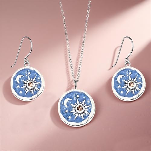 MALOYANVE Vintage Sun and Moon Drop Dangle Earrings for Women Unique lightweight Handmade Retro Boho Antiqued Gold Silver Round Coin Earrings for Women Jewelry - color: Silver Blue Earrings and Necklace