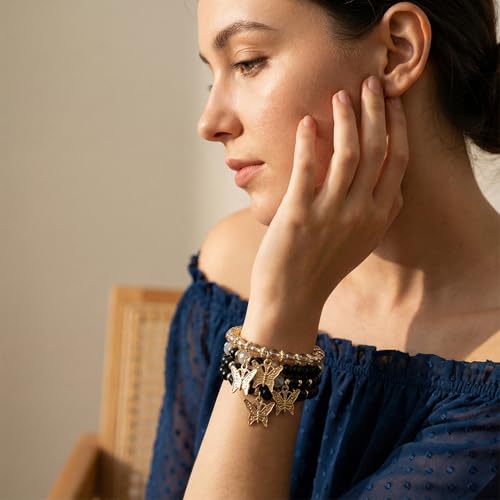 Bohemian Bracelet Sets for Women - 4-Pack Stackable Stretch Bead Bracelets with Black＆White Crystal & Gold Accessories, Multi-Layer Boho Jewelry - color: black butterfly