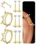 Small Cartilage Double/Triple-Hoop Helix Conch Piercing Earrings With Cubic Zirconia For Women Trendy 14K Gold Plated Titanium Surgical Stainless Steel Sets Nose Rings Hoops Septum Rings - color: 14K Gold, style: D-4Pairs-16Gauge-Double CZ hoop
