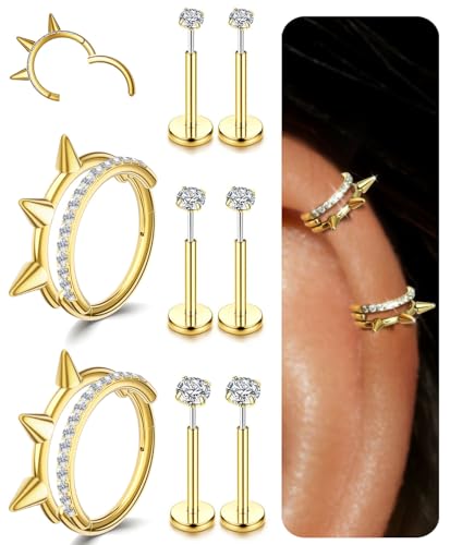 Small Cartilage Double/Triple-Hoop Helix Conch Piercing Earrings With Cubic Zirconia For Women Trendy 14K Gold Plated Titanium Surgical Stainless Steel Sets Nose Rings Hoops Septum Rings - color: 14K Gold, style: D-4Pairs-16Gauge-Double CZ hoop