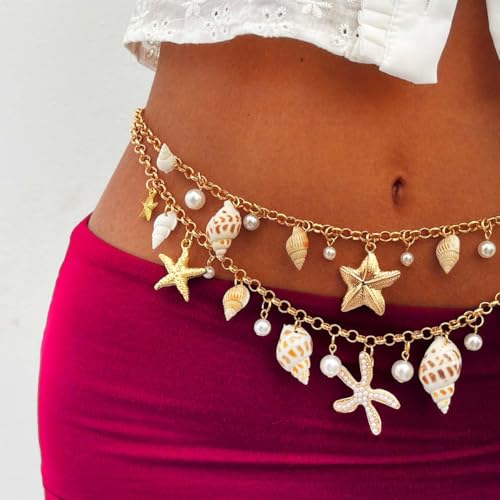ELABEST Seashell Belt Shell Body Chain Starfish Waist Chain Bikini Beach Belly Chains for Women - style: Starfish-2