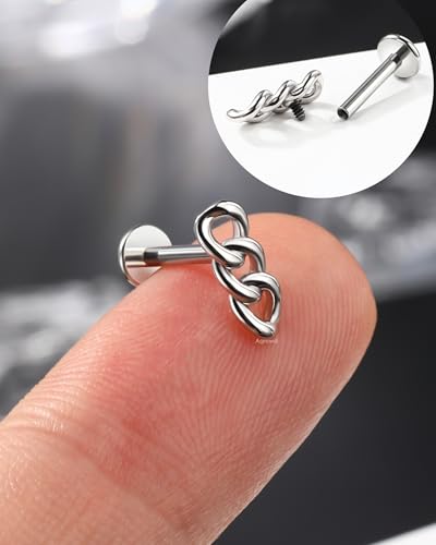 Metal Chain Cartilage Earring – Internally Threaded Flat Back Stud in Silver & Gold 16G 8mm Helix, Conch, Tragus Jewelry - color: YG-8MM