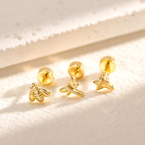 3 Pair Tiny Flat Back Earrings for Women - 14K Gold/White Gold Plated Dainty Cute Small Screw Flatback Stud Earring, Everyday Wear Gift - color: Hummingbird Bee Dragonfly Flat-5/6/6mm Gold