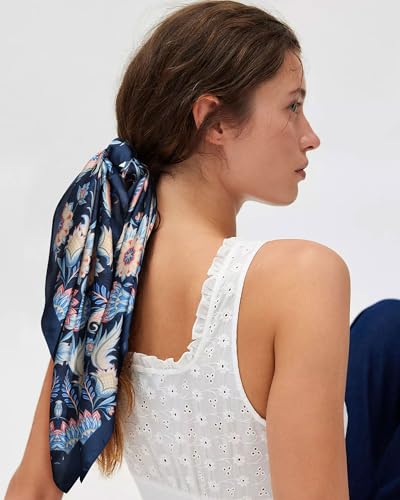 AWAYTR 27.5” Square Satin Head Scarf Hair Scarf for Women's Hair Silk Bandana for Women Silk Head Wrap for Sleeping - color: Cashew (Dark Blue)