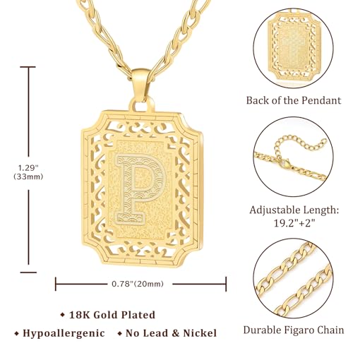 LETFLY Initial Necklaces for Women Men, 18K Gold Plated Letter Cross Pendant Necklace Alphabets A-Z Figaro Chain Jewelry Gifts - color: Square, style: Letter P