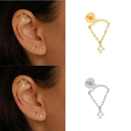 Hidden Helix Earrings Dangle Rhinestone Helix Earrings Threadless Flat Back Earrings Hypoallergenic Cartilage Earring Hidden Helix Piercing Jewelry - color: gold
