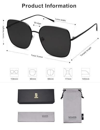 SOJOS Trendy Oversized Square Metal Frame Sunglasses for Women Men Retro Big Flat Lens UV Protection Sunglasses SJ1146 - color: Black/Grey