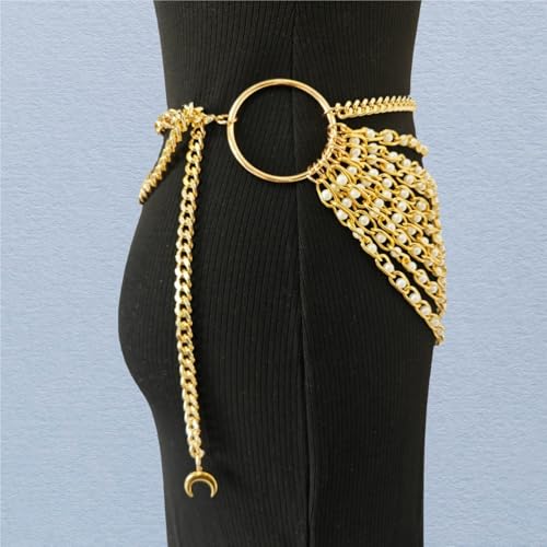 THREEBOY Women Apparel Belts Fashion Sexy Multilayer Metal Pearl Waist Chain Belt - color: Gold Pearls