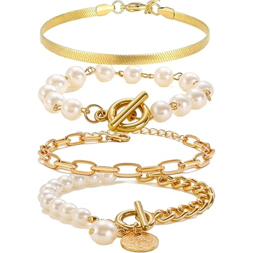 Alegend Titanium Steel (Not Rust, Resist Corruption, Easily Clean) 18K Gold Plated Single Bracelets + 14K Gold Plated Stackable Multilayer Bracelets - style: 14KGold & Pearl Layered