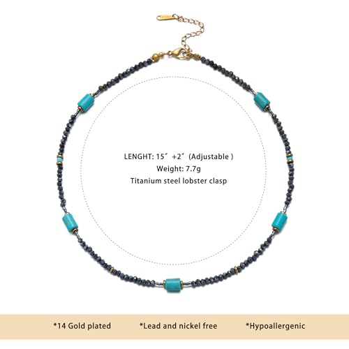 Turquoise Choker Necklace for Women, Western Crystal Bead & Pearl Necklace with Adjustable Chain Natural Stone Energy Jewelry, Boho Beaded Choker for Gifts - color: Turq Cylinder