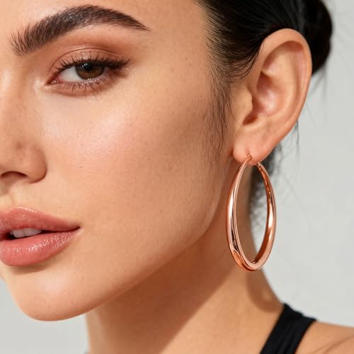 EXGOX Sterling Silver Hoop Earrings - Hypoallergenic, Lightweight, Chunky, 14K Real Gold Plated, Big Large Hoops for Women - color: Chunky&Rose Gold hoop 50mm