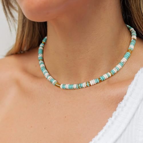 KissYan Boho Beaded Choker Necklace for Women, Gemstone Choker Natural Stone Freshwater Pearl Surfer Necklaces 14K Gold Plated Summer Beach Handmade Jewelry - color: L-Turquoise