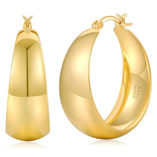 Senteria 12mm Wide Thick Hoop Earrings 925 Sterling Silver Hoop Earrings for Women Hypoallergenic 14K Real Gold Plated Hoops Large Earring Lightweight Chunky Hoops Earring for Women 25/30/40/50MM - color: Gold-25mm