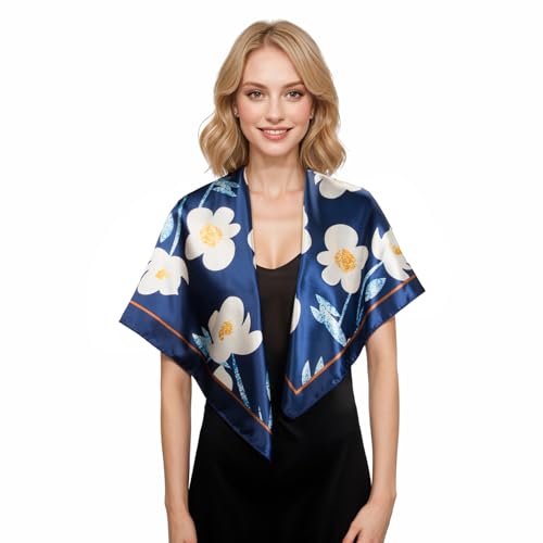 RIIQIICHY Head Scarf for Women Like Silk Scarf Hair Scarf Printed Square Scarf Bandanas for Women 35 Inches - color: Dark Blue/Ivory/Gold