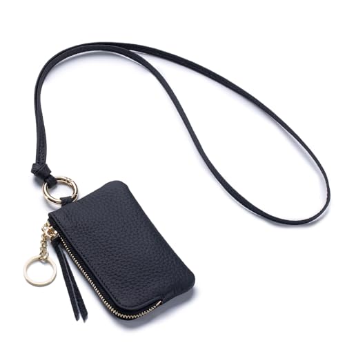 Leather Coin Purse for Women with Keychain & Wrist Strap – Small Zipper Coin Pouch, Mini Change Wallet, Slim Travel Key Pouch with Gift Box (Black) - color: Black