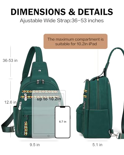 FADEON Large Sling Bag for Women, Leather Crossbody Purse Designer Anti Theft Sling Backpack, RFID Fanny Packs for Travel - color: Dark Green Nubuck Style